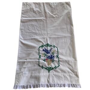 Vintage Standard Pillowcase White Cross Stitch Birds Floral Lace Trim USA Made